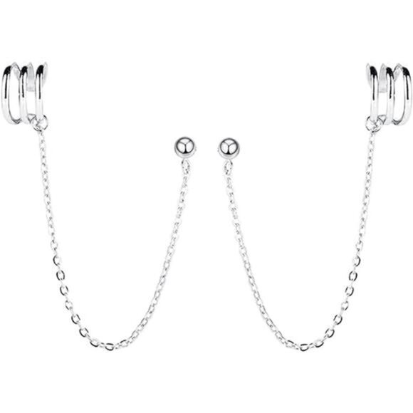 925 Sterling Silver Cuff Earrings Chain for Women Crawler Earrings Studs - Picture 7 of 7